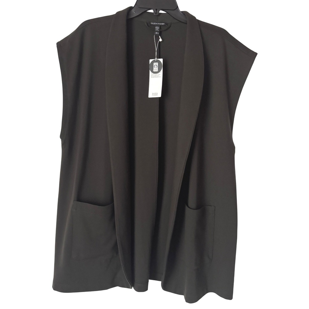 Eileen Fisher High Collar Long Vest Women L Woodland Green Quiet Luxury